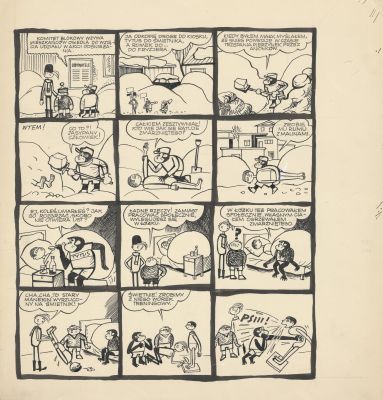 Henryk Jerzy Chmielewski (Papcio Chmiel) | „Tytus, Romek i A’Tomek”, plansza przedksiążeczkowa, komitet blokowy wzywa… | Galeria Komiksu