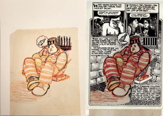 Art Spiegelman | Spiegelman, Art - Sleazy Scandals of the Silver Screen #1 Pg 6 Splashy Panel Color Ink Prelim - Movie Star Fatty Arbuckle in Jail 1974 | Cool Lines Art