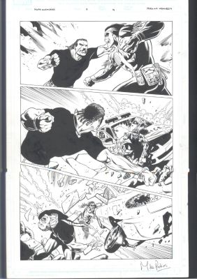 Mike Perkins Andrew Hennessey | Signed Mike Perkins Battle Art - Luke Cage Vs Thunderbird - 3 Panel Page Issue House of M: Avengers # 5 Page 14 | Koch Comic Art