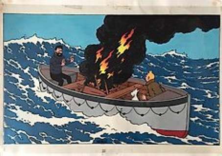 Studios Hergé - Mise en couleurs originale et film noir - Haddock, Tintin et Milou en chaloupe - Le Crabe aux Pinces d’Or  (années ’60) | Catawiki