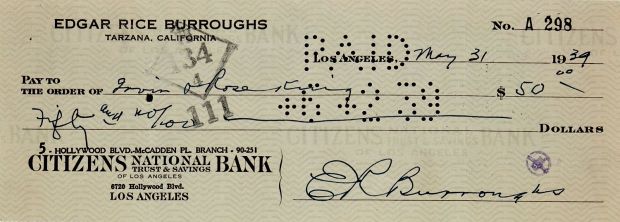 Edgar Rice Burroughs | Edgar Rice Burroughs Signed Check May 31, 1939! | Romitaman