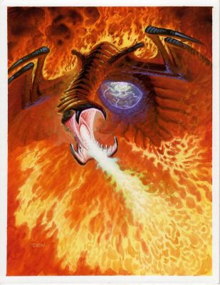 Den Beauvais | Flame Geyser - Guardians Published Collectible Fantasy Card Painting (1990S) | Romitaman