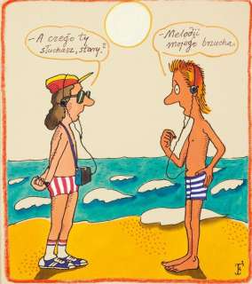 Jerzy Flisak (1930 - 2008) | Jerzy Flisak | "A czego ty słuchasz, stary?", ilustracja satyryczna | Desa Unicum