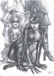 Harley & The Joker vs Batman & Catwoman - Original Drawing - Henry Simon  - EO | Catawiki