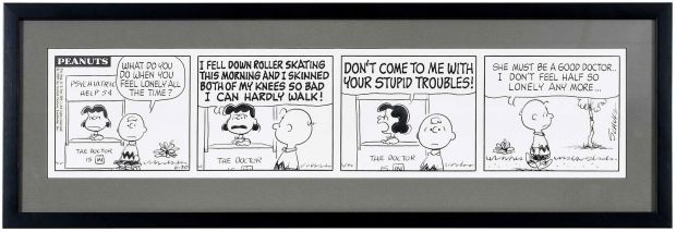Charles M. Schulz, Original 1969 Peanuts Cartoon Strip: Psychiatric Help | Brunk Auctions