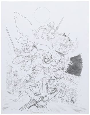 Ben Bishop – Mighty Morphin Power Rangers/Teenage Mutant Ninja Turtles #1 (2019 Boom! Comics, IDW Publishing) Split Decision Comics Exclusive Variant Original Comic Cover Art - 11 x 14 | Goldin