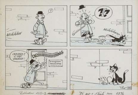 Peyo | Poussy Encre de Chine et crayon bleu pour le gag 175 en 1 demi-planche | Millon