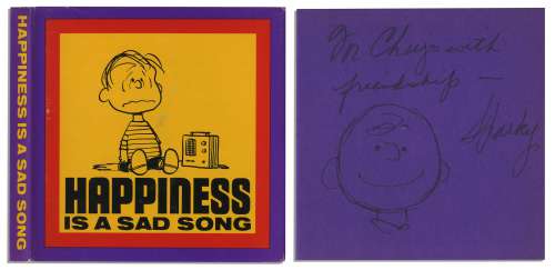 Charles Schulz Hand-Drawn Sketch of Charlie Brown, Within His Signed ’’Peanuts’’ Book, ’’Happiness is a Sad Song’’ | Nate Sanders