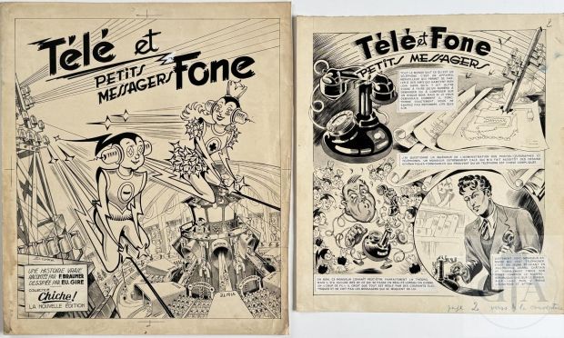 Gire Eugène / Télé Et Fone. Couverture Originale + Les 3 Premières Planches de L’album "Télé Et Fone Petit Messages" Illustrant Le Fonctionnement Du Téléphone Dans Le Style Typique de L’époque. Superbe Qualité D’exécution Pour Cette Pièce Historique de Collection Rarissime. Encre de Chine Et Mine de Plomb. Signé Vers 1945. Tbe. 35 X 40 Cm |  | Dagoty
