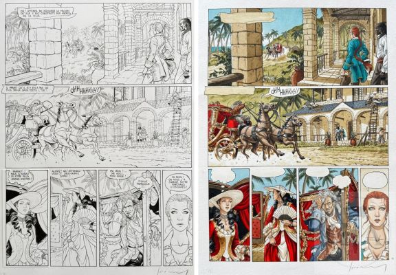 Jérémy / Barracuda. Planche Originale N°11 de L’album T2 "Cicatrices" Qui Illustre L’arrivée de La Belle Maria Et Ferrango Sur L’île + La Mise En Couleurs Originale. Superbe Qualité D’exécution Qui Illustre La Maîtrise Technique de L’artiste. Encre de Chine Et Aquarelle Signées Vers 2010. Rare. Tbe+. 45 X 32 Cm |  | Dagoty