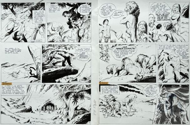 Chéret / Rahan. Double planche originale XXL n°10+n°11 de l‘histoire "Les longues crinières" publiées dans Pif gadget n°119 en 1971. Superbe qualité d‘exécution à l‘encre de Chine, illustrant l‘enfant des âges farouches qui a découvert la tanière de la tribu des "longue-crinière"…TBE. ! 50 X 65 cm ! - Lot 365 :