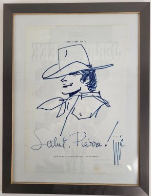 Jijé - Portrait de Jerry Spring. Dessin Au Feutre Bleu Avec Dédicace. 340/230 Mm, Encadré, Sur Une Feuille de Papier Provenant D’un Ouvrage Grand in-Folio. Encadré. | Lot 343 : | misc / divers