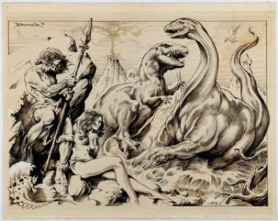 Brunner, Frank | Frank Brunner The Monster Times #30 Double-Width Dinosaur Spread Original Art (Monster Times Publ., 1972).... | Heritage