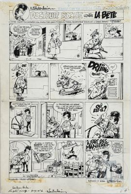Wasterlain / Docteur Poche. Planche Originale Du Début de L’histoire "Dr Poche Contre La Bête" Publiée Dans Le Journal Spirou En 1984 Et Dans L’album T7 "Le Petit Singe Qui Faisait Des Manières". Belle Qualité D’exécution Et Mise En Scène Du Petit Personnage. Rare. Encre de Chine Signé Vers 1985. Tbe. 35 X 50 Cm | Lot 565 : Wasterlain / Docteur Poche. Planche originale du début de l’histoire… | Dagoty
