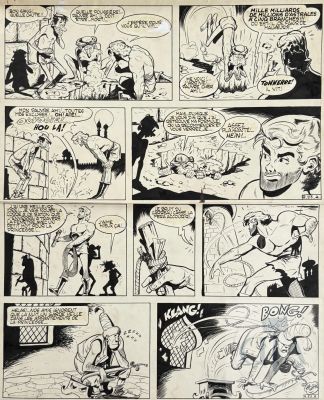 Uderzo / Belloy. Planche Originale N°83 de L’histoire "La Princesse Captive" Publié Dans Le Journal "La Wallonie" En 1954 Qui Illustre La Héros Belloy Et Ses Acolytes Qui Vont Sauver La Princesse Alyne. L’album Fût Édité En 1977. Œuvre Rare Et de Grande Qualité Qui Illustre Tous Les Éléments Qui Ont Fait Le Talent Et Le Succès de Se Maître de La Bd. Encre de Chine Signée "Al Uderzo". Repères Couleurs Sur Calques Inclus. Tbe. 60 X 50 Cm | Lot 615 : Uderzo / Belloy. Planche originale n°83 de l’histoire "La princesse… | Dagoty