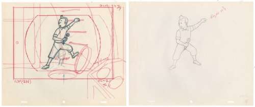 Tintin - 2x croquis préparatoire film dÂ´animation - On a marché sur la lune - Tintin dans la fusée (1962) | Catawiki
