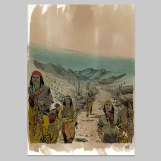 Jef | Tirage réhaussé à l’aquarelle, Geronimo et sa tribu marchent dans le desert vers le camp d’hiver | Collector BD