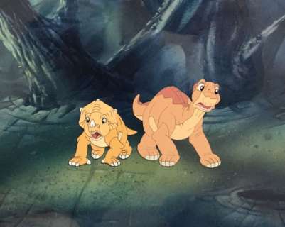 Don Bluth - Original Production Cels + Copy Background + color model drawings - The Land Before Time - Original celluloid - (1988) | Catawiki