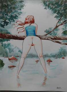 Alexis - Dessin original en couleur + Dessin préparatoire - Le lac - Loose page | Catawiki