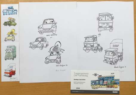 Franka - Originele ontwerpen voor Dafodilly en Opa Daf + toegangsbeljet en flyer "Open Dafdag" - (2018) | Catawiki