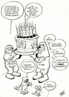 Turk | Clifton et Robin Dubois, dessin original à l’encre de chine réalisé pour l’anniversaire de Georges Pradez (Animateur radio des années 70). Signé et daté de 1979. | Septimus