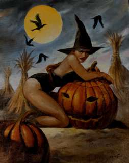 Dan Morton - Sexy Witch Babe & Pumpkin (Large Painting)