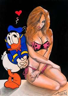 Alvin Silvrants | Donald Duck and sexy redhead - Original drawing in colour by Alvin Silvrants | Catawiki