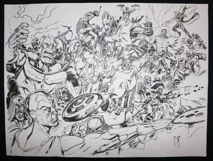 Stephane Roux - Huge marvel heroes vs. Villains piece - la - thanos, vision, iron man, captain america, groot, drawx. Hulk, thor, starlord, rocket raccoon, black widow, hawkeye, ant-man, & more battle - signed