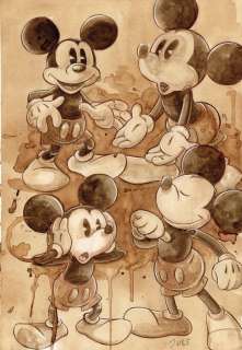 Guti, Coffee Artist | Mickey Mouse Model Sheet With Coffee - Original Painting By Guti - Signed - 46 x 33 cm - Original Art | Catawiki