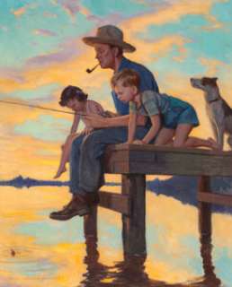 John Newton Howitt (American, 1885-1958)
 Fishing Time, calendar illustration
 Oil on canvas
 36 x 29 in.
 Signed lower ... | Heritage
