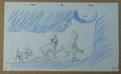 Hergé | Tintin - Dessin original Studios Belvision - Tintin et lac aux requins - Tintin Milou et Haddock - (1972) | Catawiki