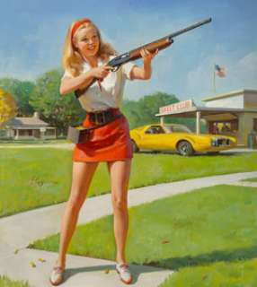 Gil Elvgren (American, 1914-1980)
 Skeet Club, NAPA calendar illustration, circa 1974
 Oil on canvas
 34 x 30.5 in.
 Sig... | Heritage