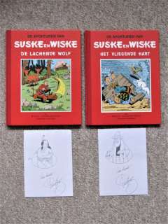 Willy Vandersteen | Suske en Wiske 21 + 23 - De Lachende Wolf + Het Vliegende Hart - Rode Klassiek Reeks - 2x fraaie pentekening Paul Geerts - Cartonné - Réédition - (1995) | Catawiki