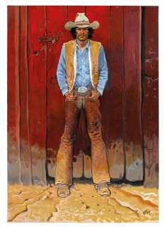 Jean Giraud - Huile sur toile intitulée Grange Rouge représentant Blueberry réalisée pour l‘exposition Gir-Moebius Fou et Cavalier en 2009 80,5 X 116 CM (31,69 X 45,67 IN.)