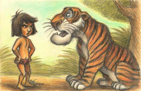 Joan Vizcarra | The Jungle Book: Mowgli & Shere Khan - Original Drawing - Signed by Joan Vizcarra - Pencil Art - Original Artwork | Catawiki