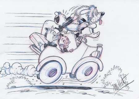 Millet | Huey, Dewey, Louie & Donald Duck - A car ride with Bolivar - Original Signed Sketch Drawing by Millet | Catawiki