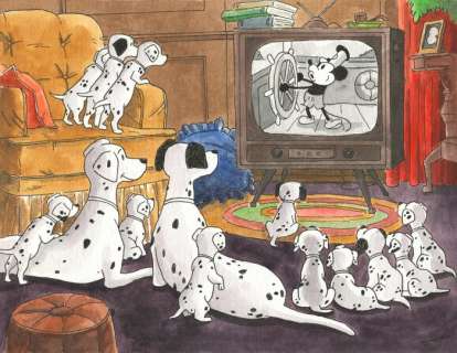 Jordi Juan Pujol | 101 Dalmatians Watching "Steamboat Willie" - Family Time - Jordi Juan Pujol - Signed (Front and Back) - Original Watercolor Art - 42 x 30 cm | Catawiki