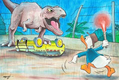 Jordi Juan Pujol | Donald Duck in "Jurassic Park" (Film 1993) - Tribute - Original Painting - Jordi Juan Pujol - Signed - Original Watercolor Art | Catawiki