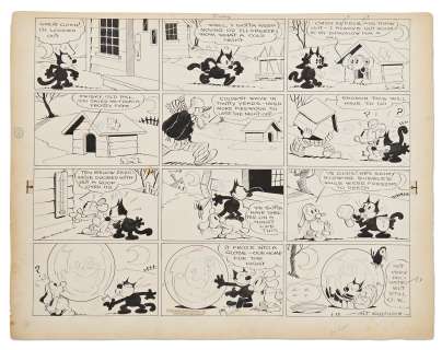 Original ’’Felix the Cat’’ Sunday Strip from 1933 by Otto Messmer -- Felix and His Dog Friend Find a Creative Solution to the Cold | Nate Sanders