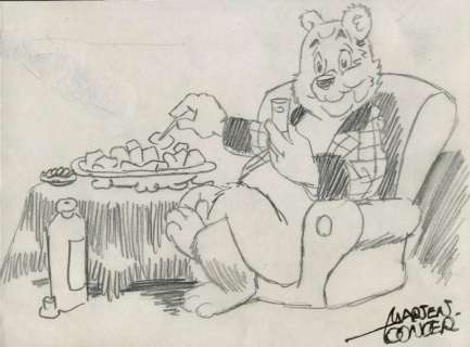 Marten Toonder (Studio’s) | Marten Toonder (Studio’s) - Originele tekening - Heer Bommel "bourgondisch" met een hapje en een drankje - (jaren 1970) | Catawiki
