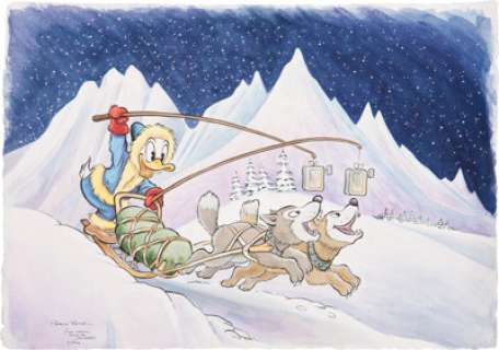 Carl Barks and Patrick Block Donald Duck Dog Sled Illustration Original Art (undated). Donald Duck travels -