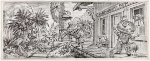 Nebraska McDonaldland Freight Station Mural Design Drawing by Wes Cook Original Art (McDonald’s/Setmakers, 1977).... | Heritage