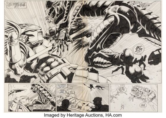Javier Saltares and Jimmy Palmiotti Aliens vs. Predator Duel #1 Double Page Spread 22-23 Original Art (Dark Horse, 1995).