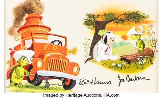 Touché Turtle and the Fire Dog Double-Page Story Illustration by Mel Crawford and Signed by Bill Hanna and Joe Barbera (Golden Press, 1963). | Heritage