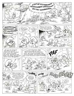 Peyo (Studios) | La soupe aux Schtroumpfs, planche originale à l’encre de chine. Version inédite de la planche 1 de cet album publiée dans le journal Spirou n° 2000 du 12 août 1976. | Septimus