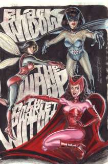 Mark Bloodworth - Black Widow, the Wasp, & Wanda the Scarlet Witch Painted Art - Don Heck Homage - 2011 Signed