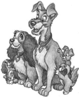 Joan Vizcarra - Lady and the Tramp 2 - Lady, Tramp, Annette, Collette, Danielle and Scamp - Original Drawing - | Catawiki