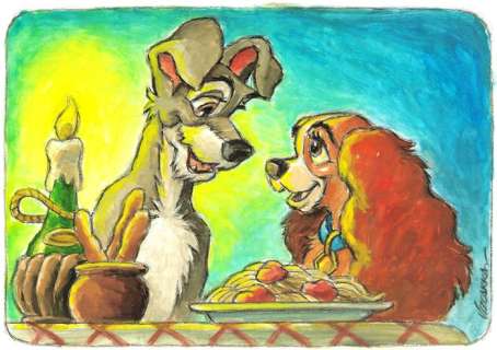 Joan Vizcarra - Lady and the Tramp: Spaghetti Romance - Original Painting - Hand Signed | Catawiki