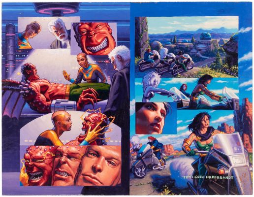 Lot 30 - THE BROTHERS HILDEBRANDT X-MEN 2099: OASIS #1 COMIC BOOK DOUBLE PAGE SPREAD ORIGINAL ART PAINTING. | Hake’s