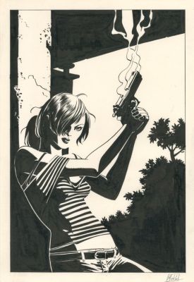 Oosterveer, Minck - 1 Original drawing - vrouw met rokend pistool - gesigneerd (jaren 1990) | Catawiki